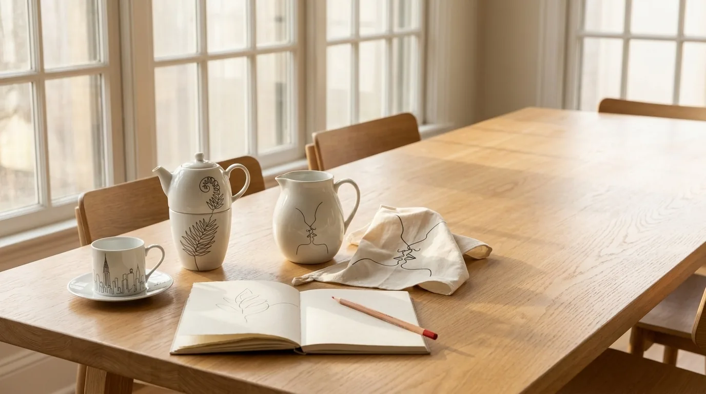 A breakfast table with LINEVESSA cups, a teapot and an open sketchbook