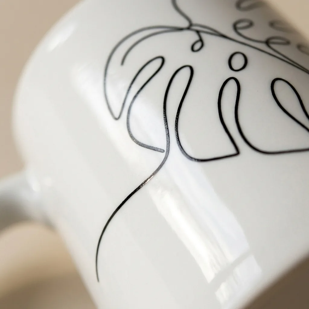 Monstera Mug, close-up of the line drawing