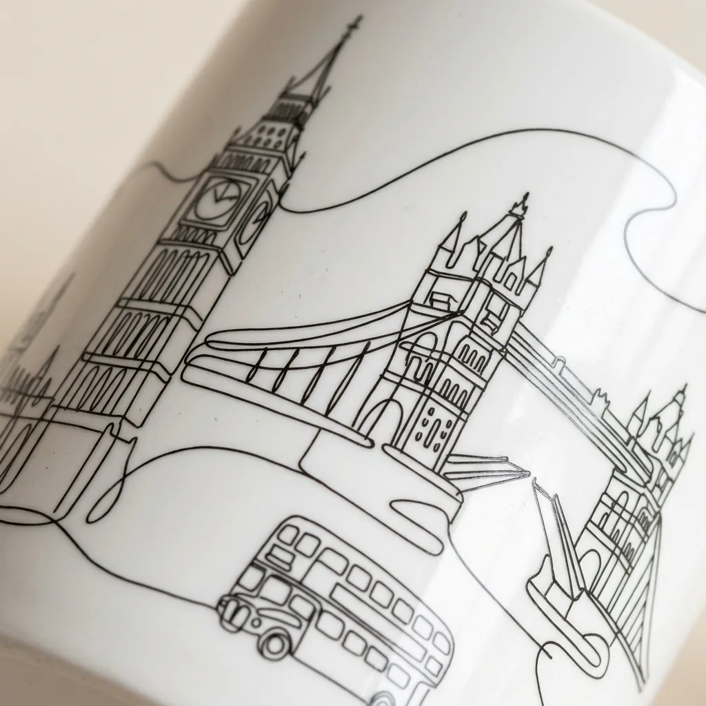 London Mug, close-up of the line drawing