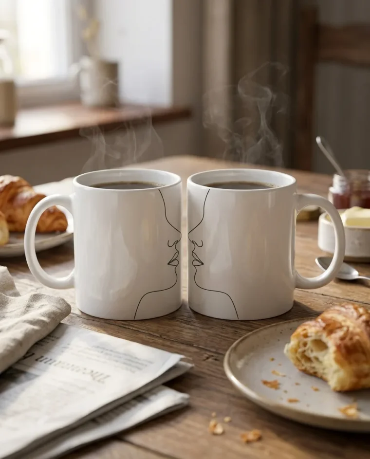 Two Faces Mug Pair on the table
