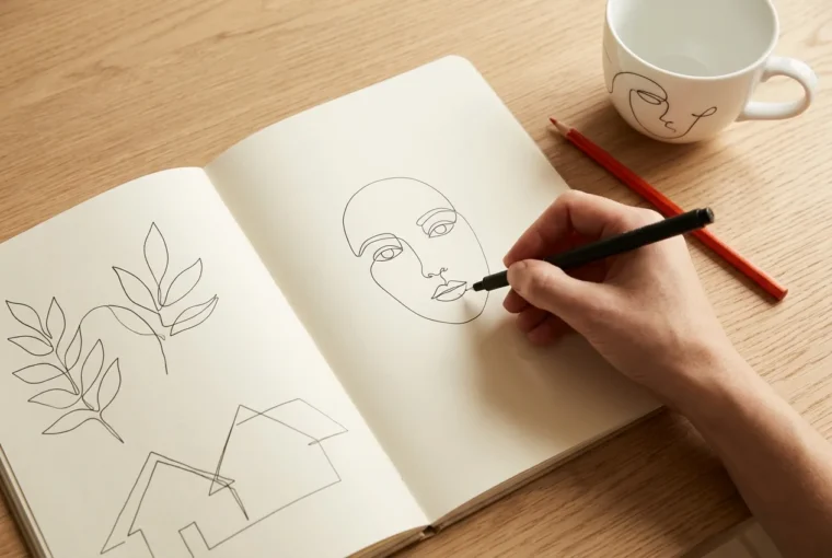 A hand drawing a continuous line portrait in a sketchbook