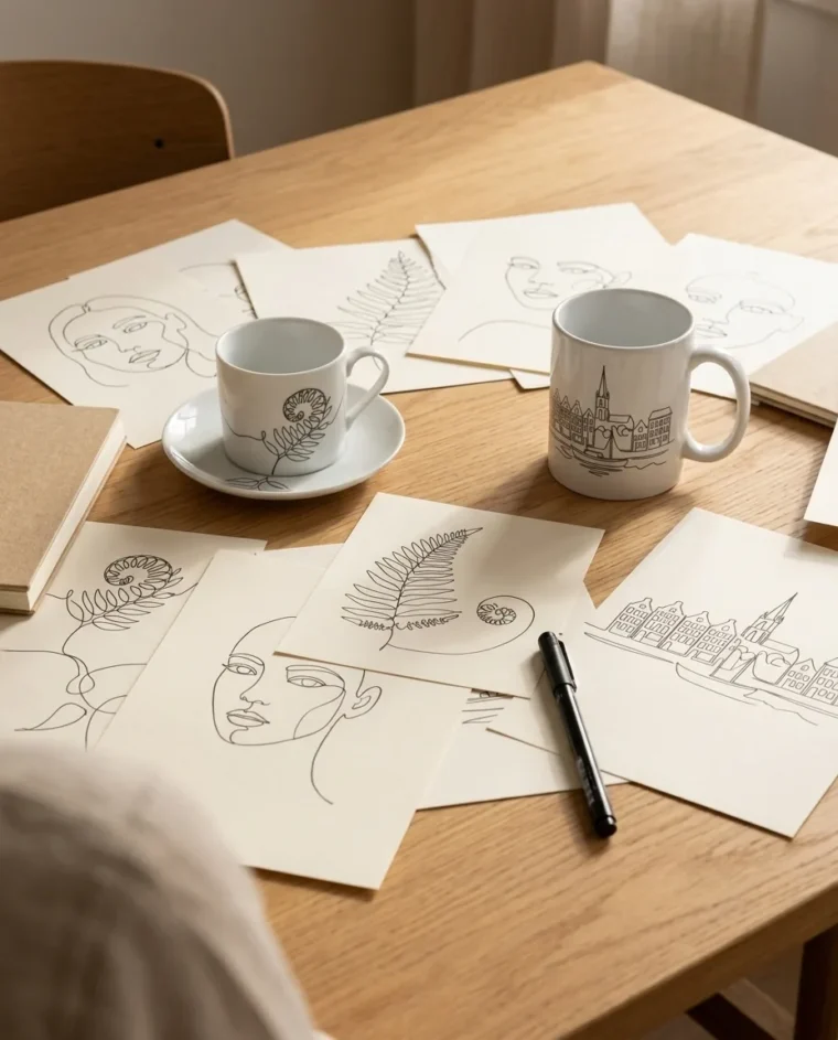 Sketchbook pages with continuous line drawings next to a cup and a mug