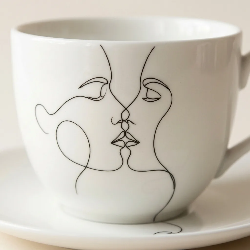 Two Faces Tea Cup & Saucer, close-up of the line drawing