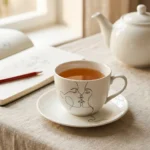 Two Faces Tea Cup & Saucer on the table