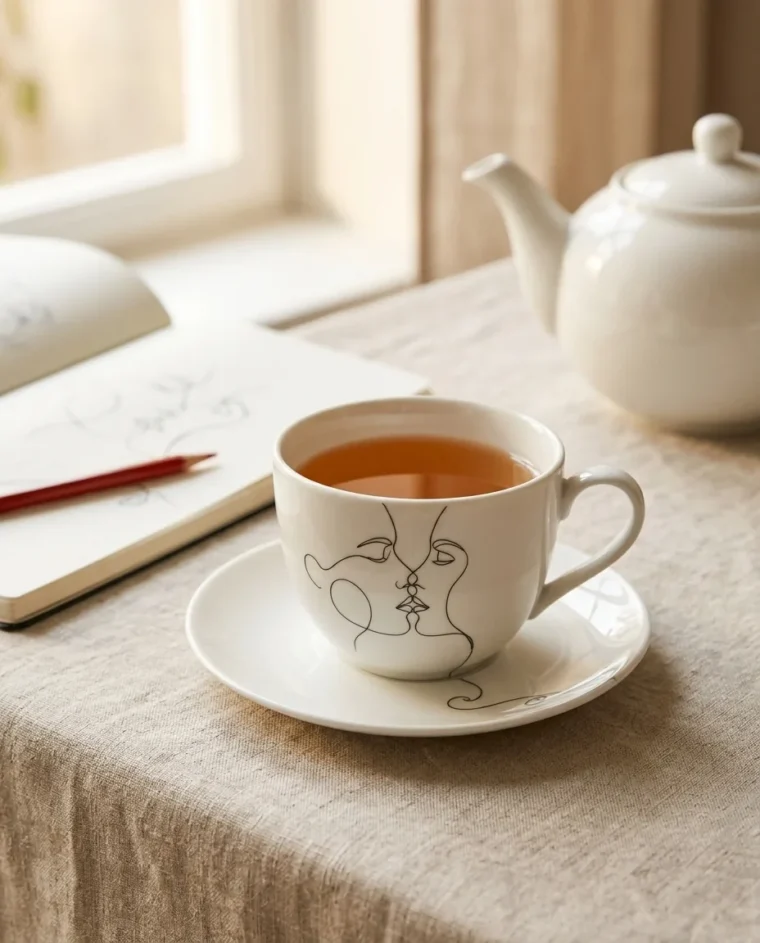Two Faces Tea Cup & Saucer on the table