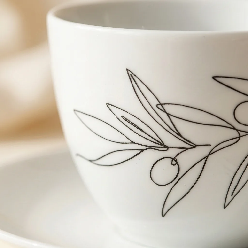 Olive Branch Tea Cup & Saucer, close-up of the line drawing