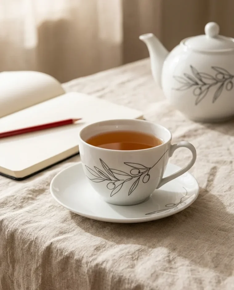 Olive Branch Tea Cup & Saucer on the table