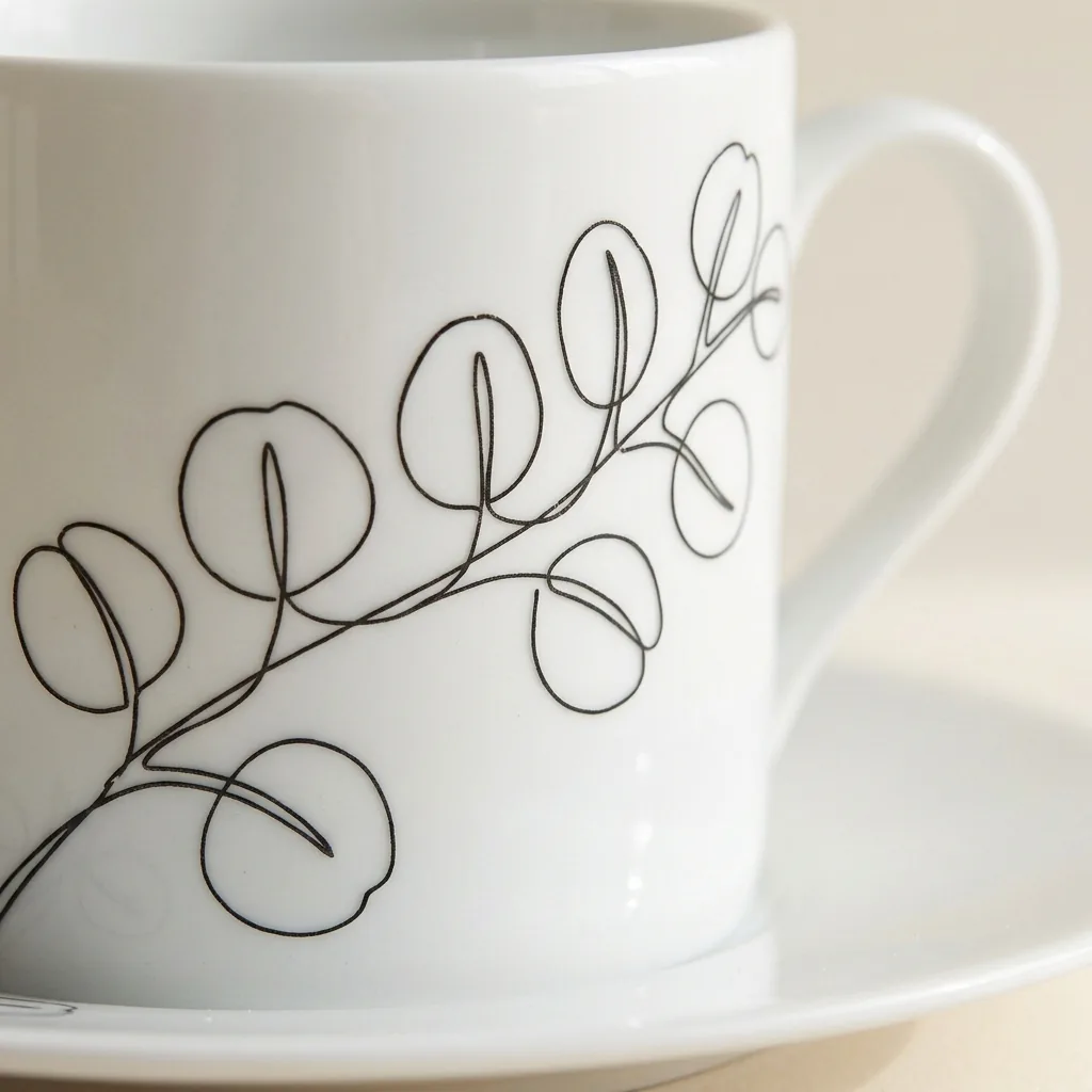 Eucalyptus Tea Cup & Saucer, close-up of the line drawing