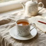 Eucalyptus Tea Cup & Saucer on the table