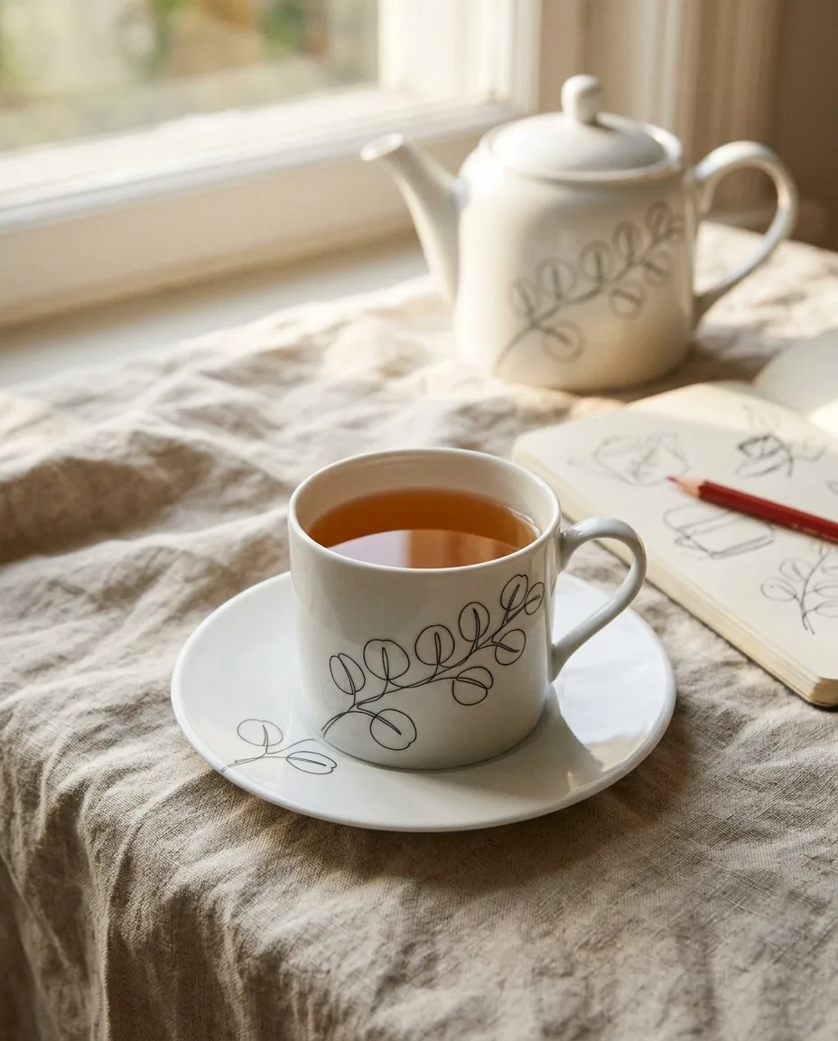 Eucalyptus Tea Cup & Saucer on the table