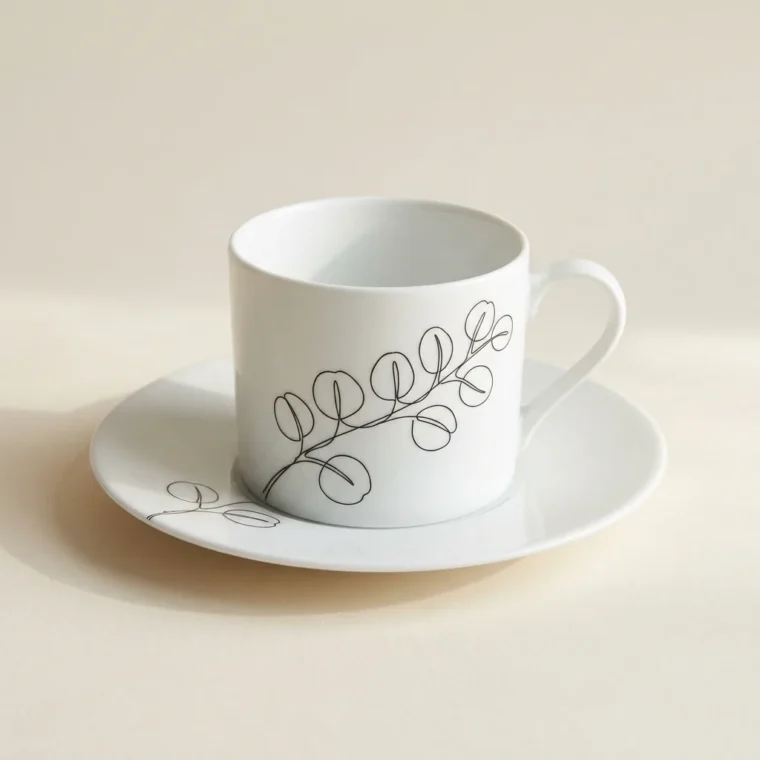 Eucalyptus Tea Cup & Saucer, studio photo