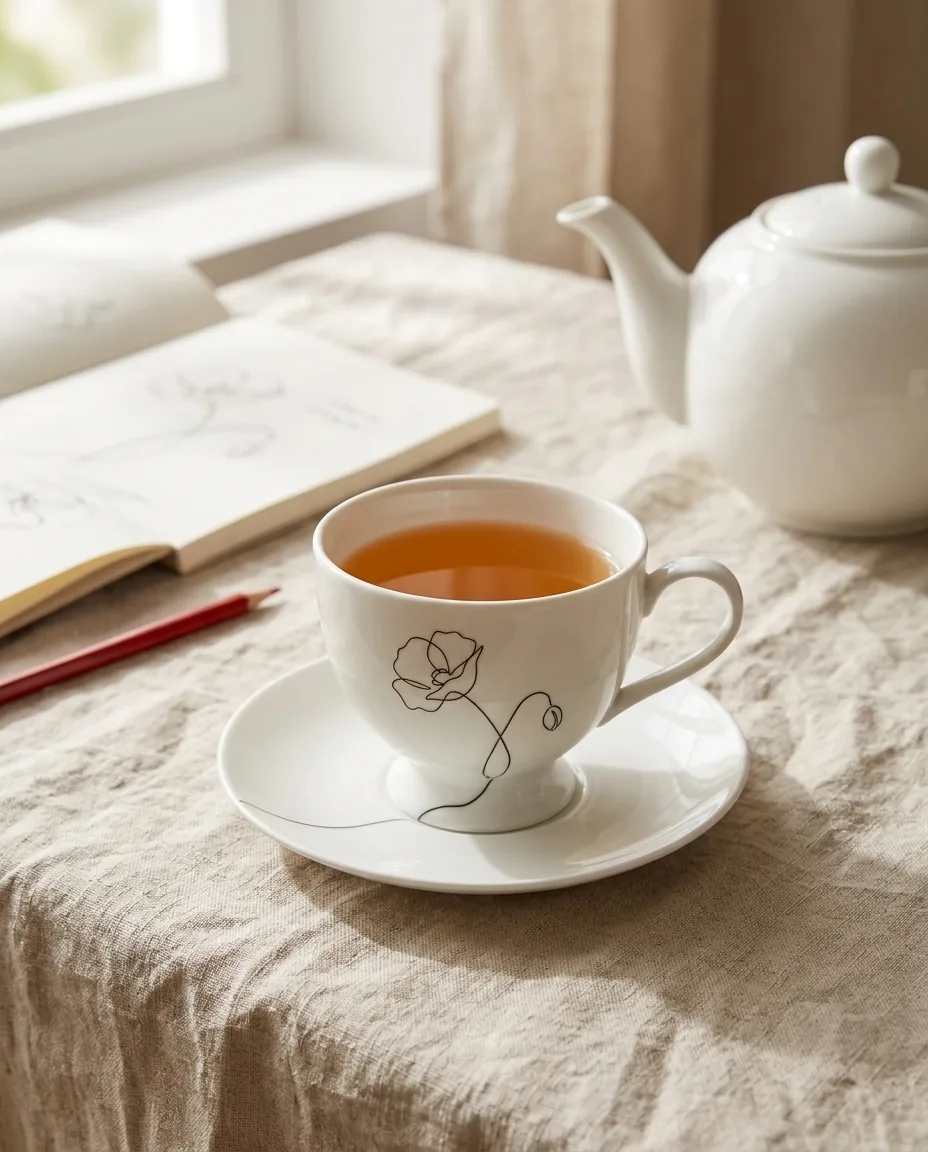Wild Poppy Tea Cup & Saucer on the table