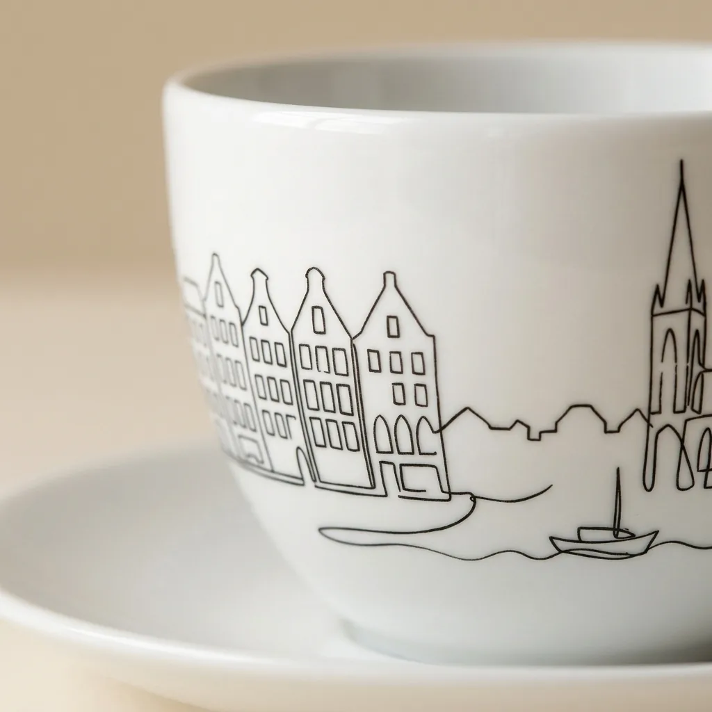 Copenhagen Tea Cup & Saucer, close-up of the line drawing