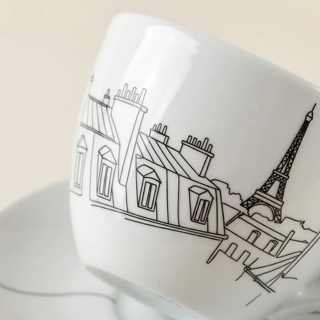 Paris Tea Cup & Saucer, close-up of the line drawing