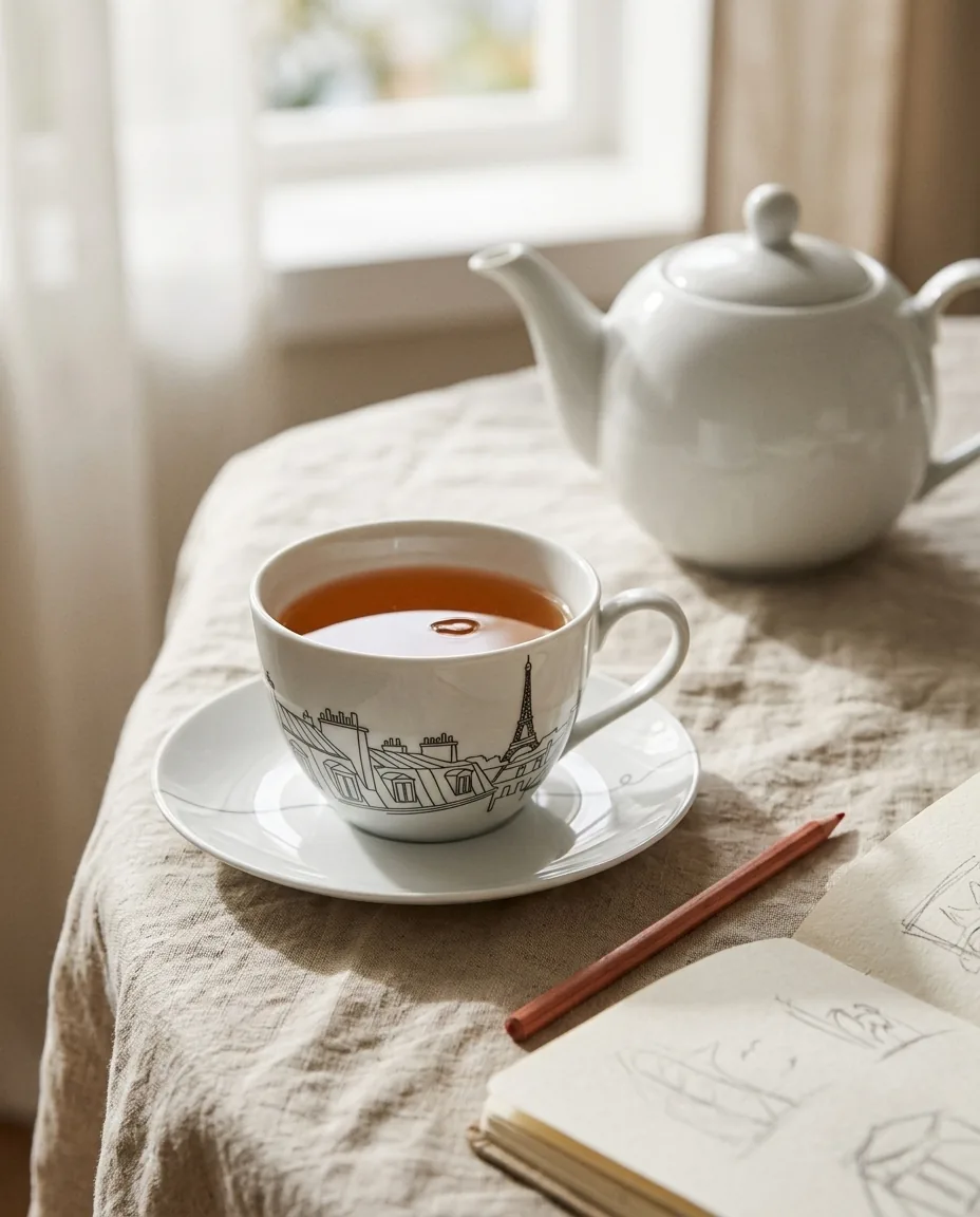 Paris Tea Cup & Saucer on the table