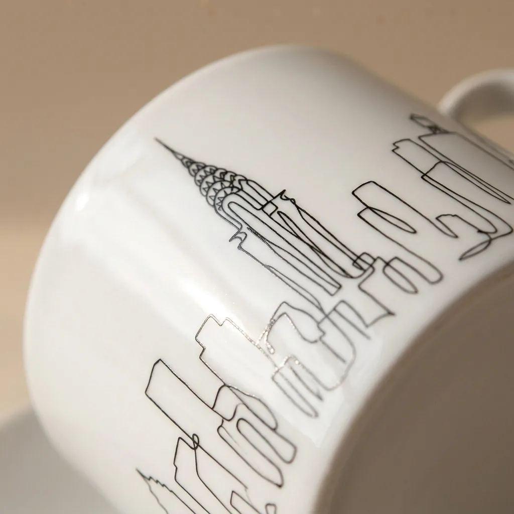 New York Tea Cup & Saucer, close-up of the line drawing