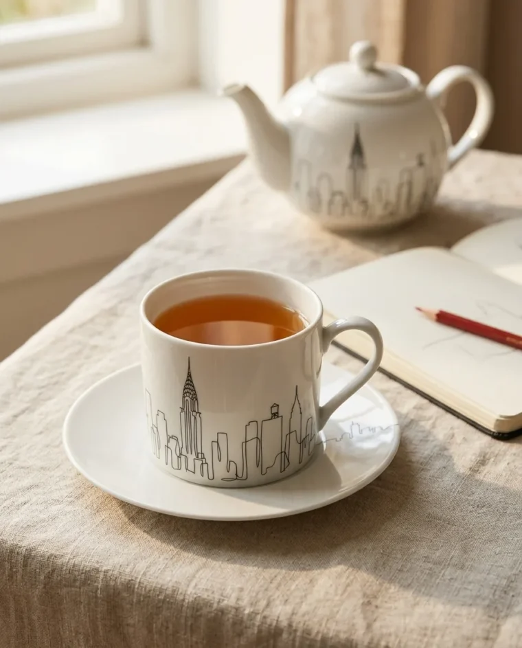 New York Tea Cup & Saucer on the table