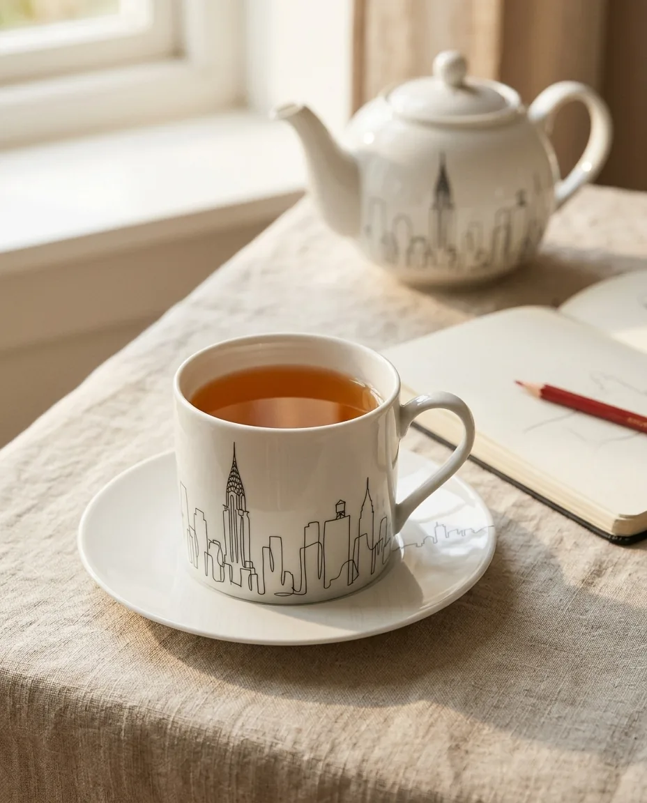New York Tea Cup & Saucer on the table