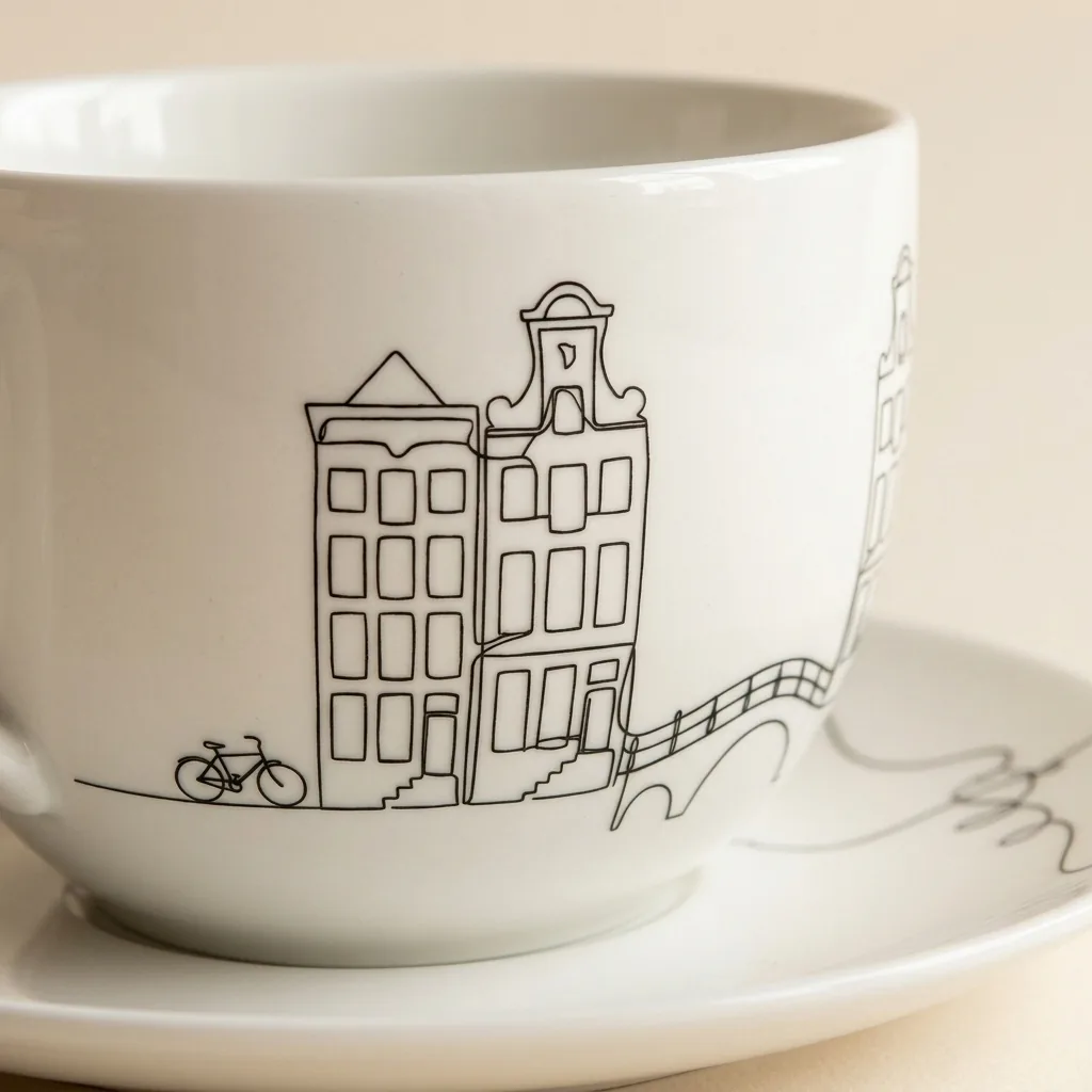 Amsterdam Tea Cup & Saucer, close-up of the line drawing