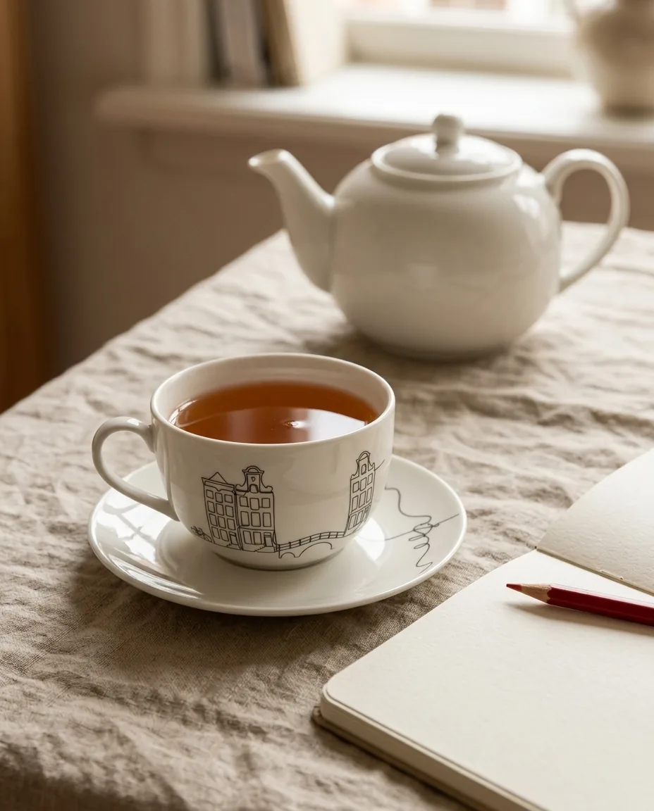 Amsterdam Tea Cup & Saucer on the table