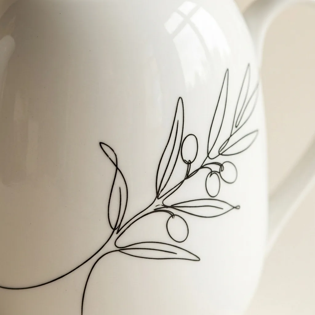 Olive Branch Teapot, close-up of the line drawing