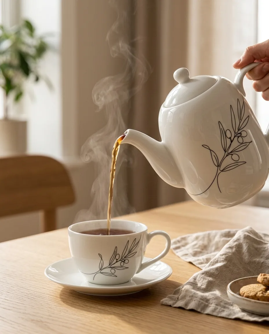 Olive Branch Teapot on the table