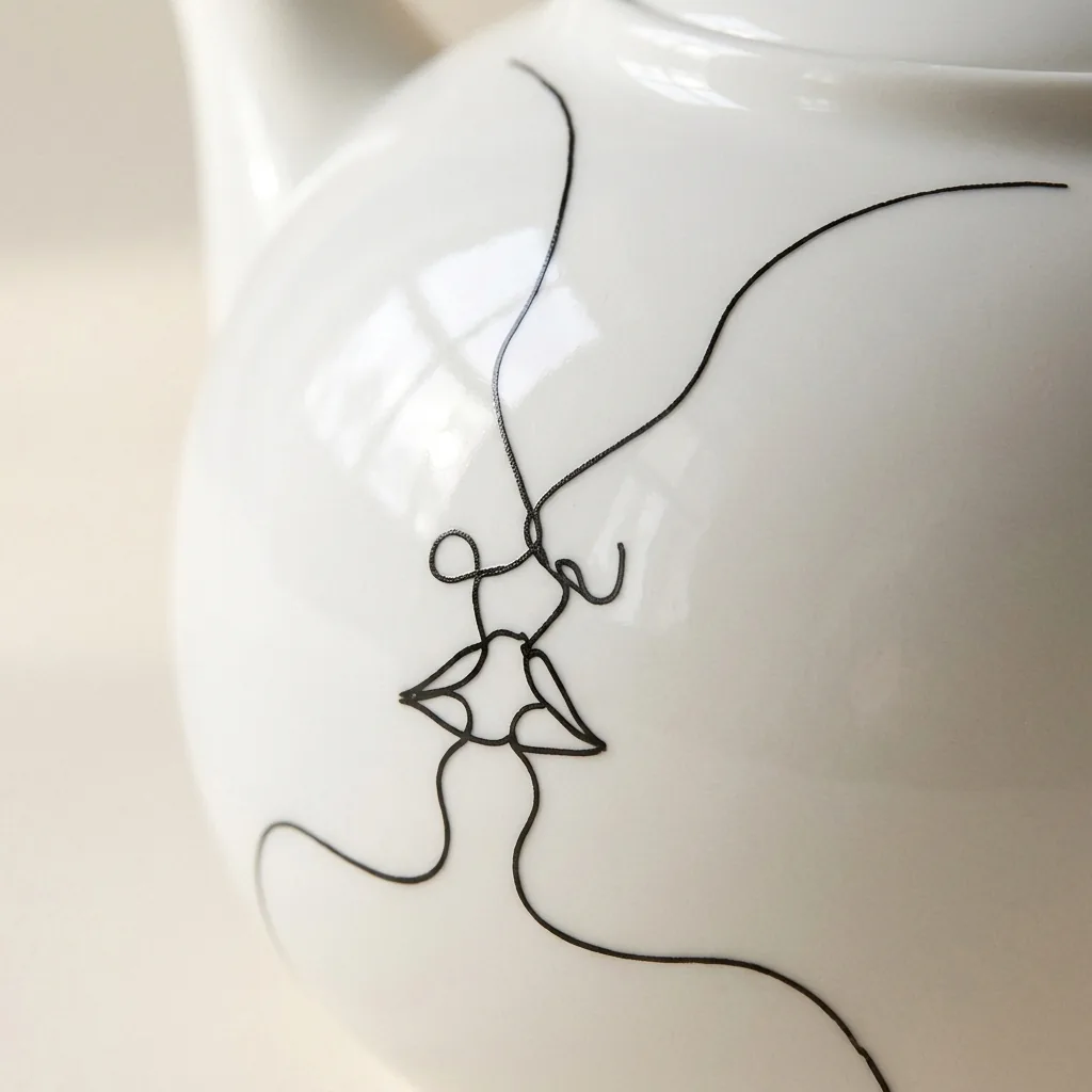 Two Faces Tea Set, close-up of the line drawing