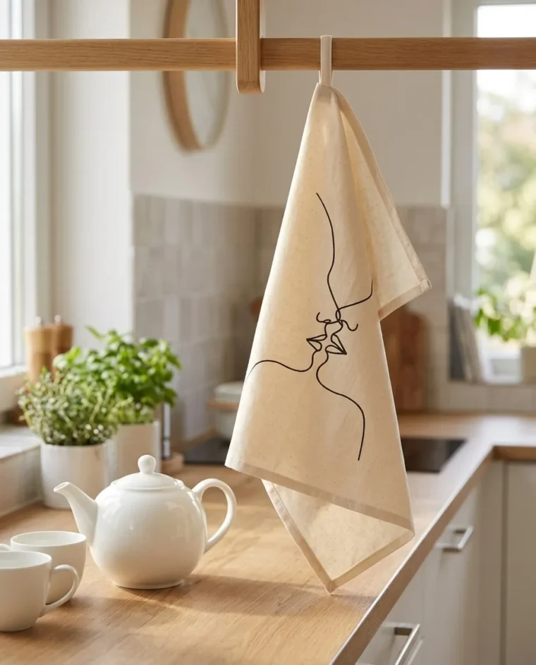 Two Faces Tea Towel on the table