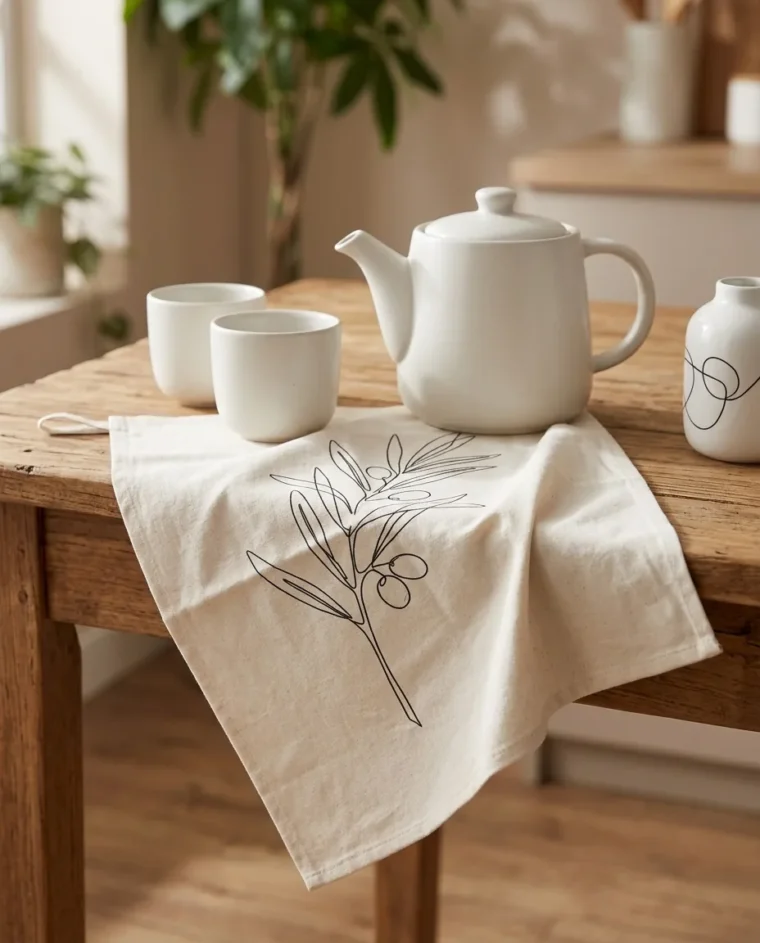 Olive Branch Tea Towel on the table