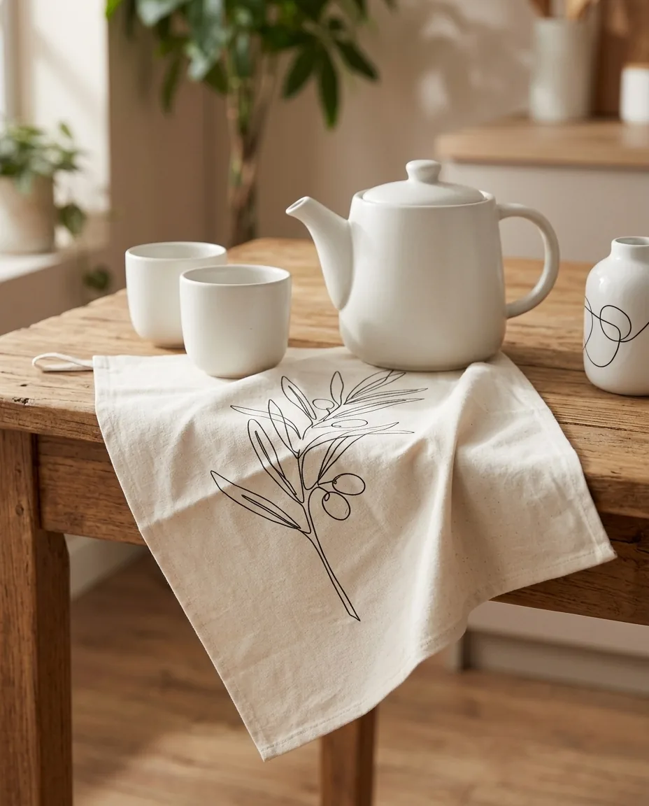 Olive Branch Tea Towel on the table
